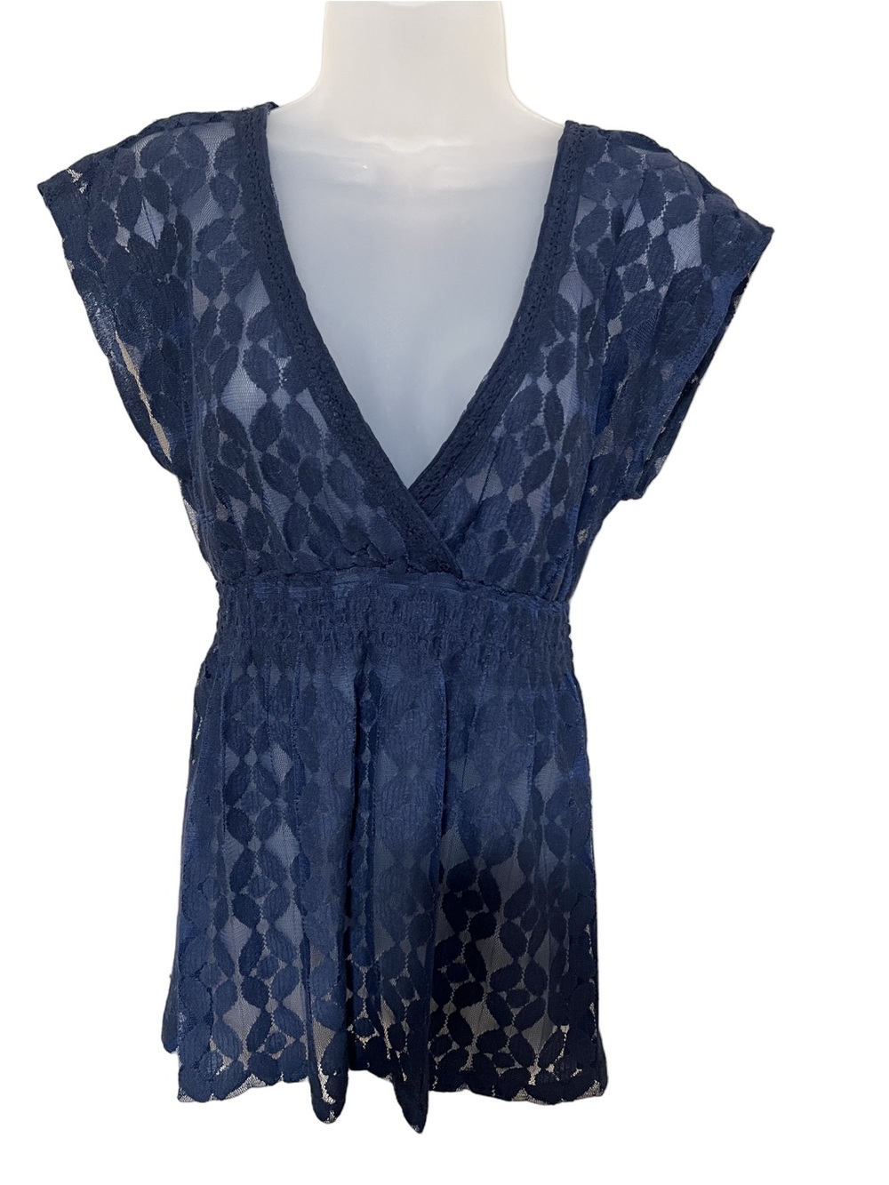 Eyeshadow M Y2K Babydoll Sheer Plunge Top Fairy Boho Indie Sleaze Mesh Navy